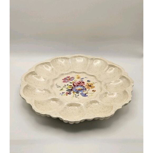 Vintage Handmade Studio Ceramic" Round 12 Deviled Egg Plate Floral Appetizer - Picture 1 of 9